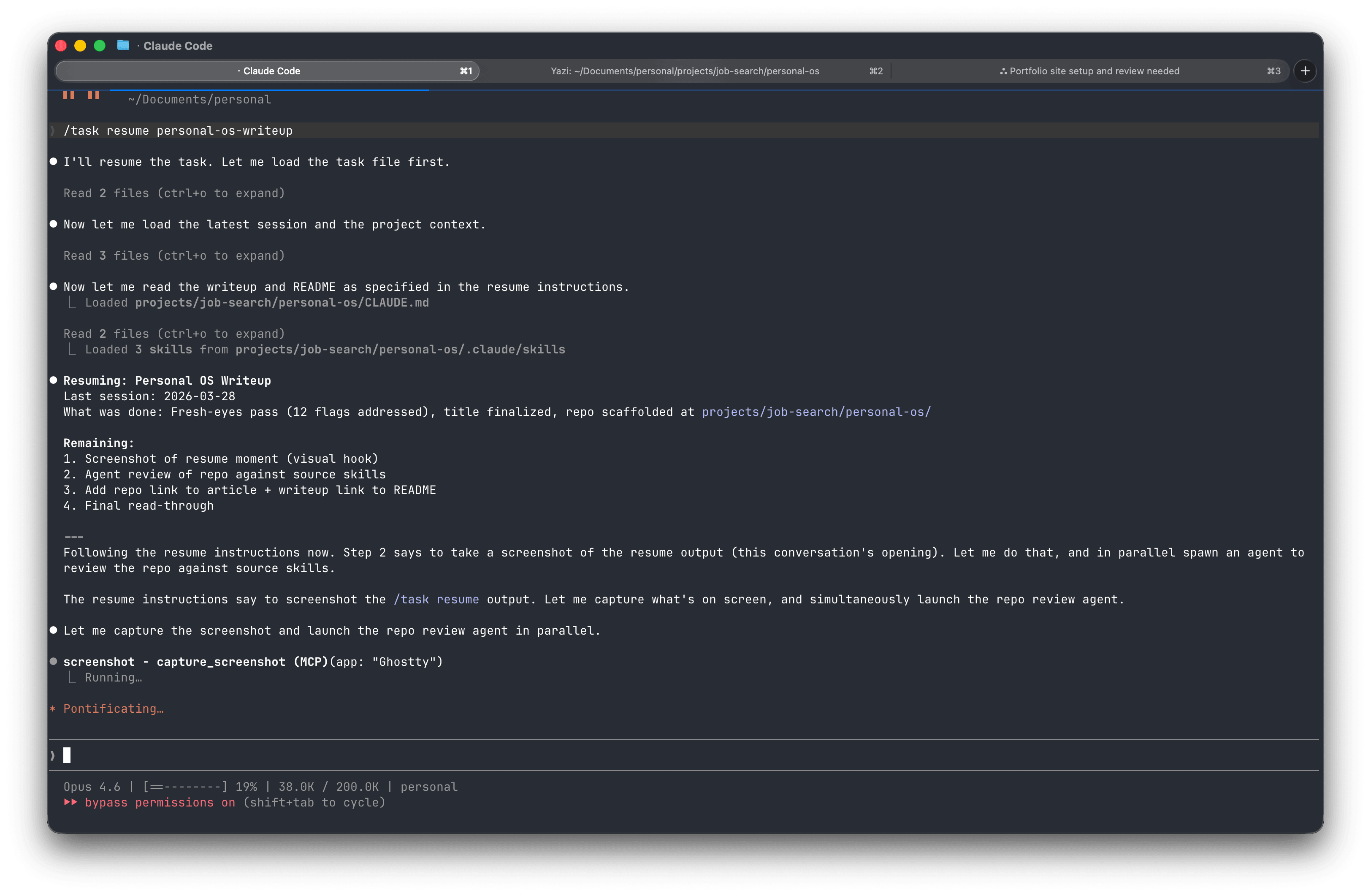 Resuming a task — the agent loads project context, finds the latest session, and picks up where we left off
